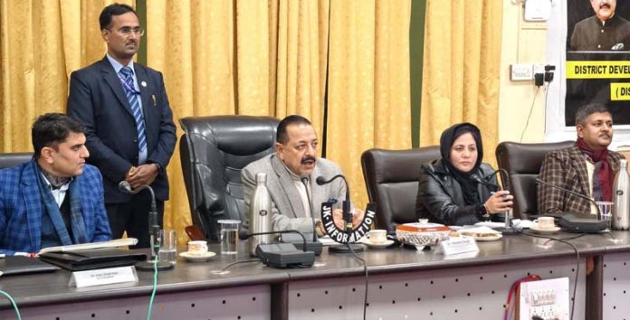 Union Minister Dr. Jitendra Singh chairing District Development Coordination and Monitoring Committee Meeting (DISHA) at Ramban on Sunday.