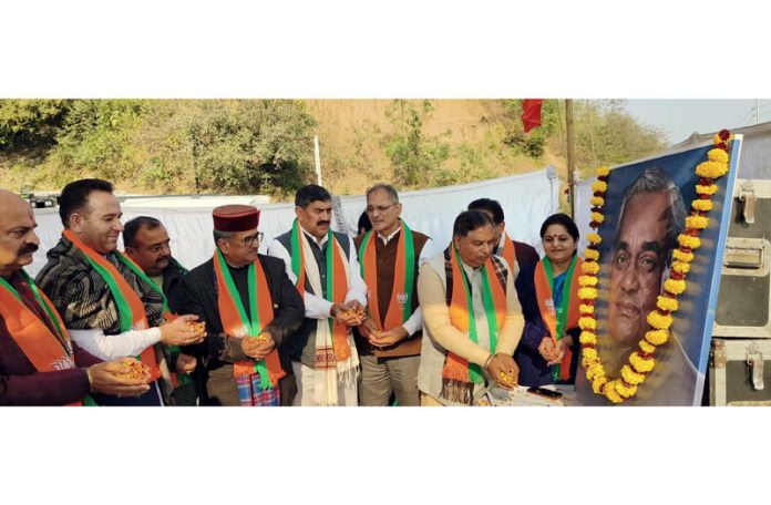 J&K BJP president Sat Sharma and other senior party leaders paying tribute to Atal Bihari Vajpayee on his birthday at Atal Chowk, Panjtirthi in Jammu.