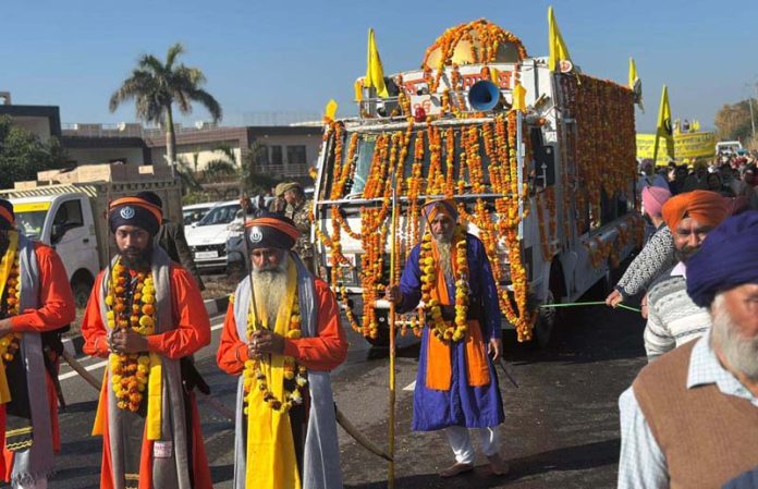 A view of Nagar Kirtan procession being taken out in Akhnoor on Sunday.