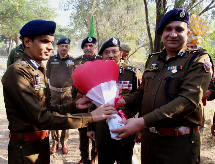 A police officer greeting ADGP Armed & Law and Order Vijay Kumar at CTC Sunjwan on Tuesday.