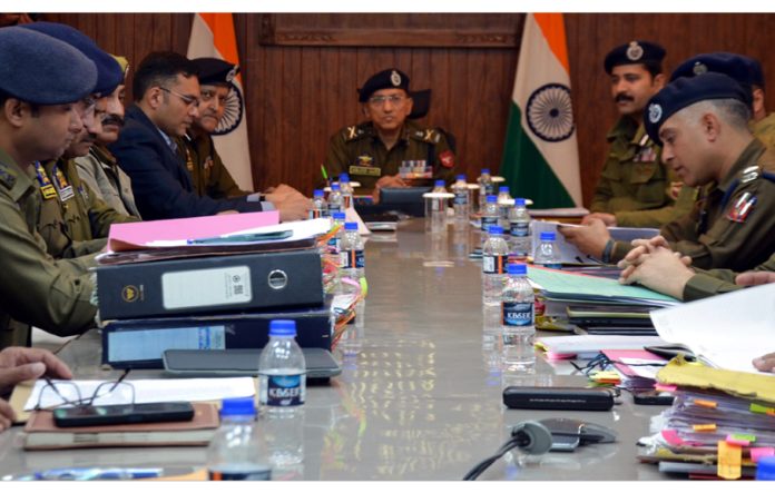 ADGP Jammu Zone, Anand Jain chairing a meeting of police officers in Doda on Monday.