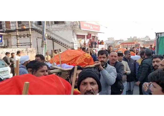 The bodies of asphyxiation victims of Kathua being taken for last rites on Thursday.