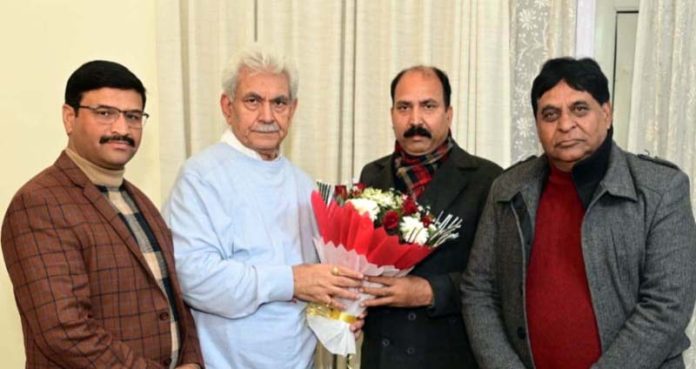 MLA Bishnah, Rajeev Kumar Bhagat during meeting with LG Manoj Sinha.