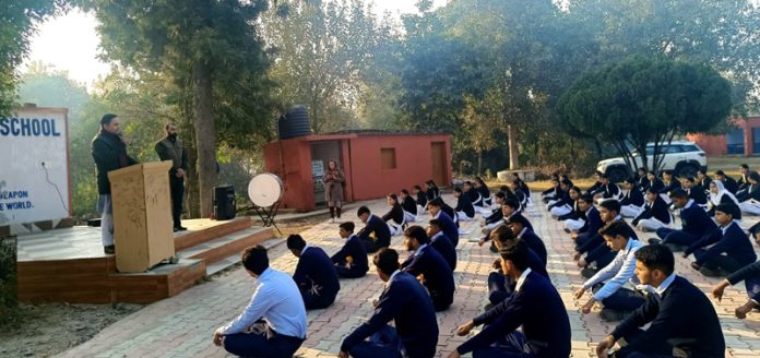 A speaker delivering a lecture to students during the celebration of World Meditation Day at Bharatiya Yog Sansthan, Gole Gujral on Saturday.