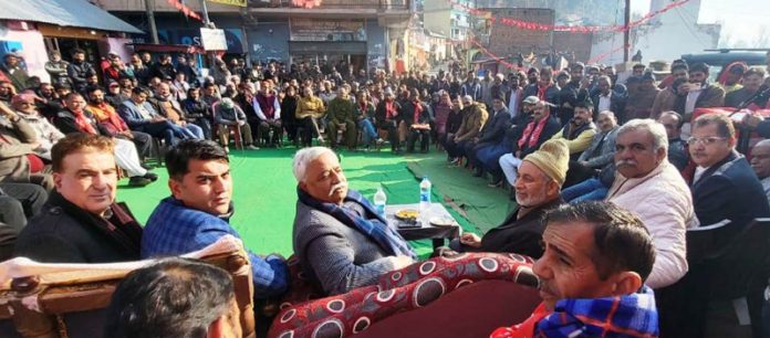 Former Minister Ajay Kumar Sadhotra addressing a public meeting in Panchari on Friday.