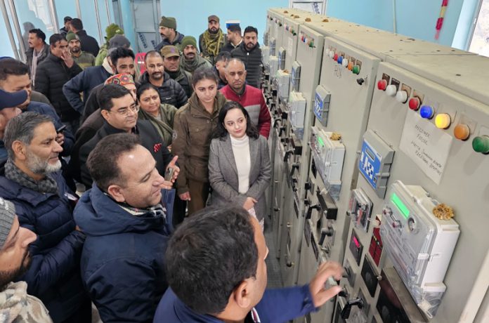 Leader of Opposition, Sunil Kumar Sharma and MLA Kishtwar Shagun Parihar reviewing power sector upgradation works in Kishtwar on Monday.