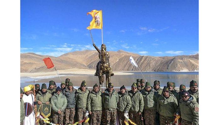 Army officers after unveiling statue of Shivaji at Pangong in Leh.