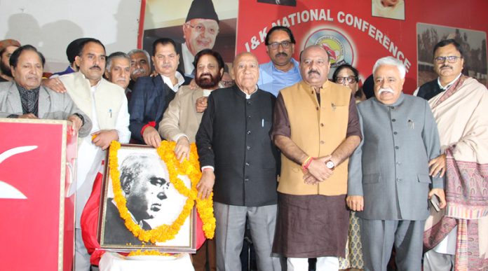 DyCM Surinder Choudhary, JSD Minister Javed Rana and others paying tribute to Sheikh Abdullah in Jammu. —Excelsior/Rakesh