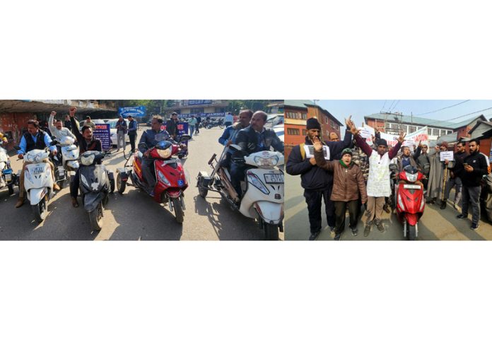 Differently able persons protesting near Exhibition Ground, Jammu (left) and near Press Enclave, Srinagar (right) on Tuesday. — Excelsior/Rakesh & Shakeel