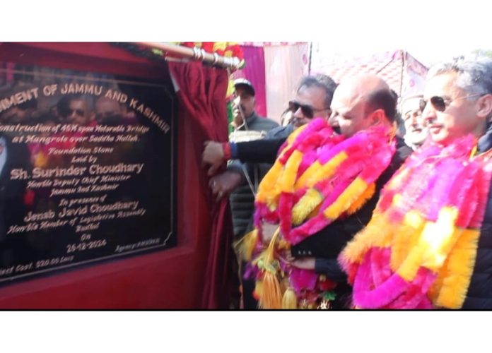 Dy CM laying foundation stone for construction of bridge in Rajouri on Thursday.