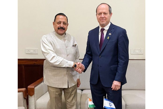 Israel's Industry Minister, Nir Barkat calling on Union Minister Dr Jitendra Singh in his Parliament House chamber at New Delhi on Tuesday.