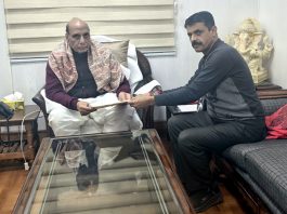 MLA Billawar Satish Sharma during meeting with Defence Minister Rajnath Singh on Sunday.