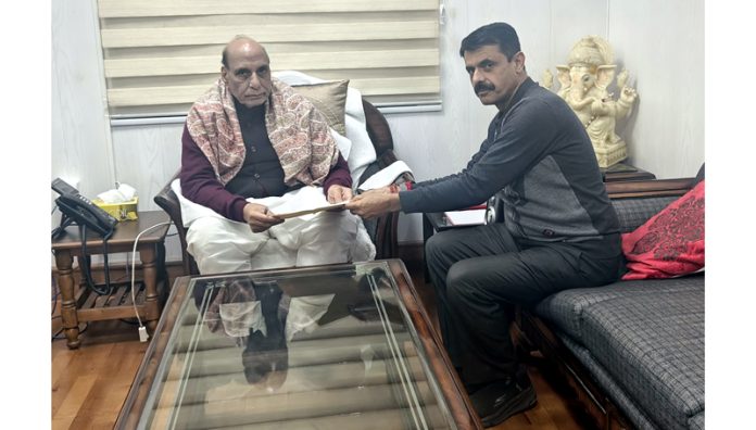 MLA Billawar Satish Sharma during meeting with Defence Minister Rajnath Singh on Sunday.