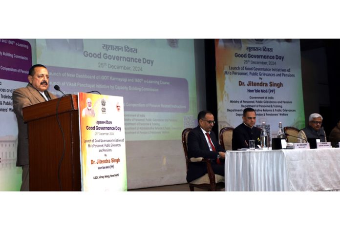 Union Minister Dr. Jitendra Singh speaking after launching ‘Viksit Panchayat Karmayogi’ initiative at Civil Services  Officers’ Institute (CSOI), New  Delhi on Wednesday.