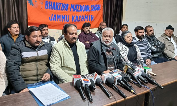 North India Organizing Secy, BMS, Pawan Kumar addressing a press conference in Jammu on Monday.