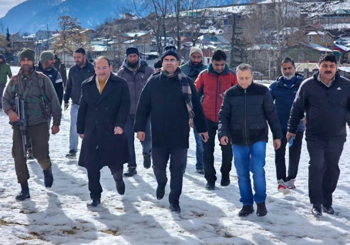 DC Kishtwar Rajesh Kumar Shavan during tour to assess the post snowfall situation on Tuesday.