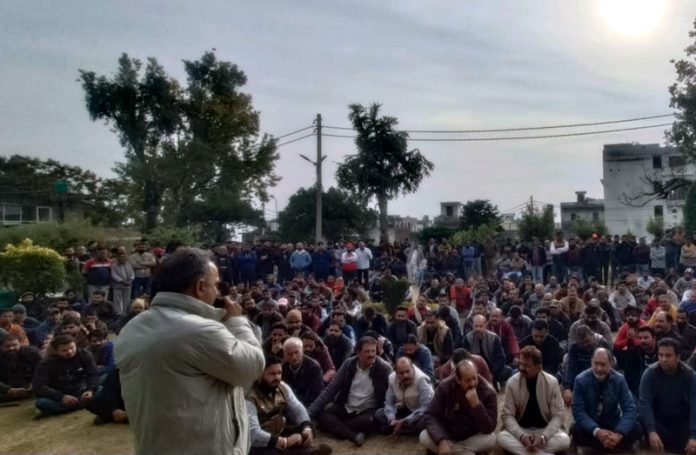 Members of Shri Mata Vaishno Devi Sangharsh Samiti and stakeholders assemble at Katra in protest against proposed ropeway project.