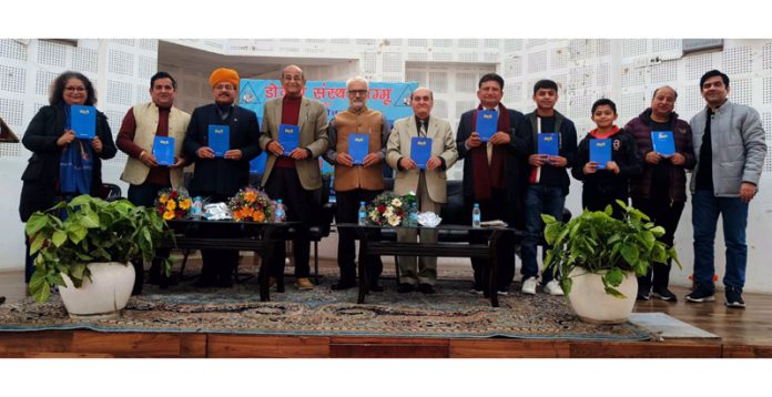 Dignitaries releasing Inderjeet Kesar's Dogri novel Dohri at KL Saigal Hall in Jammu on Saturday.