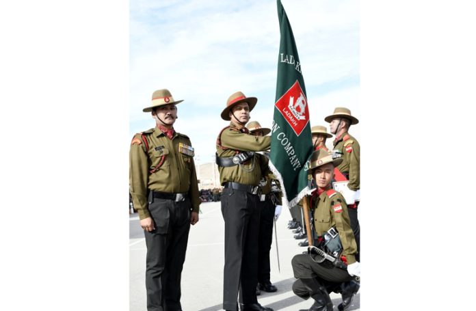 An Army officer decorating Agniveer recruits during passing out parade at Ladakh Scouts Regimental Centre in Leh.