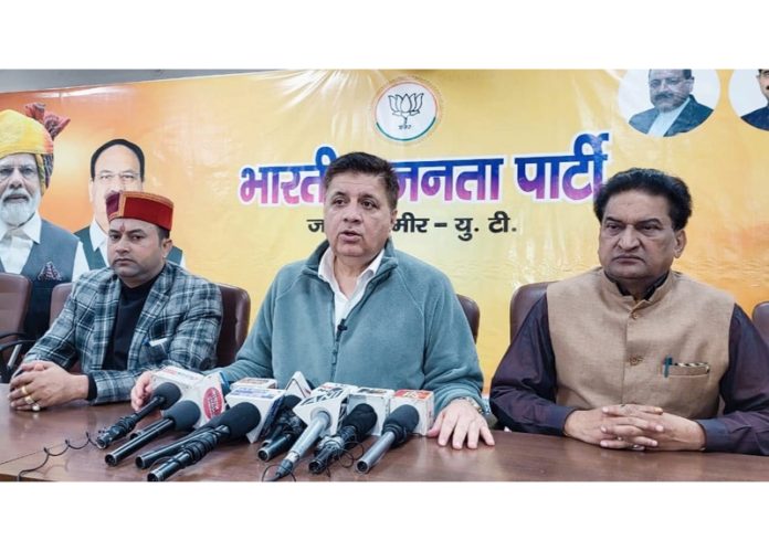 BJP chief spokesperson, Sunil Sethi at a press conference along with other party leaders at Jammu on Thursday.