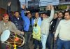 Deepak Gupta celebrating with his supporters after being elected as president of Traders Federation, Ware House, Nehru Market, Jammu.