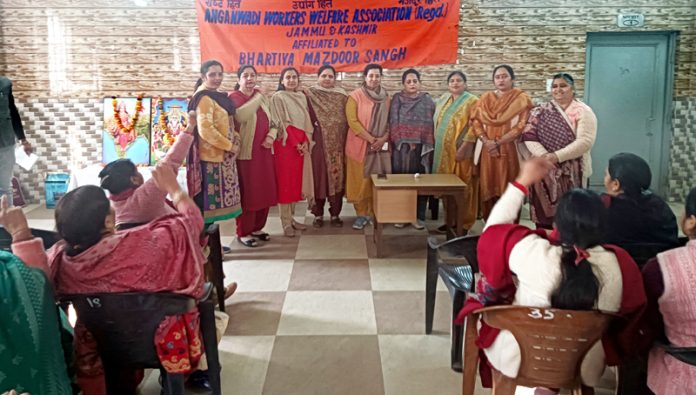 Members of Anganwadi Workers Welfare Association during a conference at Jammu on Sunday.