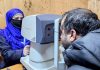 Patient being screened at a medical camp by Agarwal’s Eye Hospital at the Daily Excelsior office in Srinagar on Thursday. - Excelsior/Shakeel