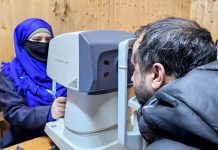 Patient being screened at a medical camp by Agarwal’s Eye Hospital at the Daily Excelsior office in Srinagar on Thursday. - Excelsior/Shakeel