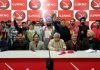 Senior NC leaders including Ajay Sadhotra and Rattan Lal Gupta during a party programme at Sher-e-Kashmir Bhawan, Jammu.