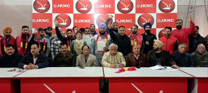 Senior NC leaders including Ajay Sadhotra and Rattan Lal Gupta during a party programme at Sher-e-Kashmir Bhawan, Jammu.