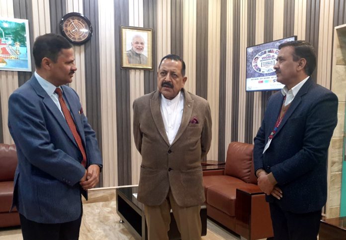 NHPC's Director Projects and Executive Director Regional Office interacting with Dr Jitendra Singh in Jammu on Friday.