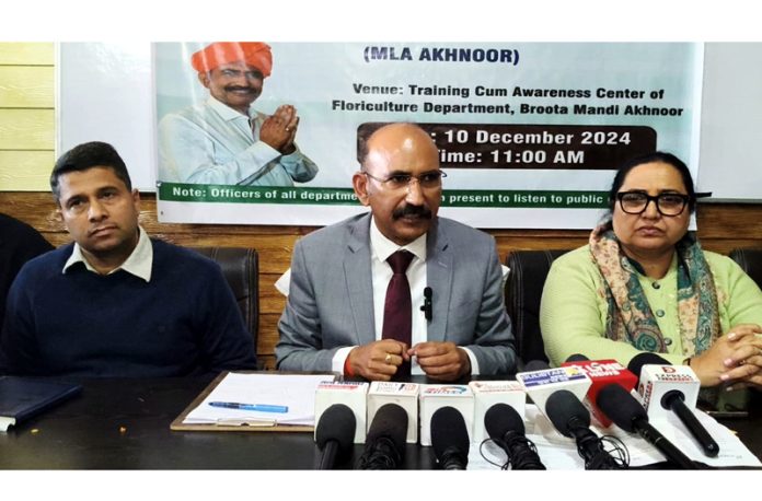 MLA Akhnoor, Mohan Lal Bhagat during a public darbar at Akhnoor on Tuesday.