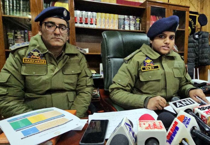 SP Sopore Divya D along with SDPO Sopore during press conference. -Excelsior/Aabid Nabi