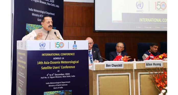 Union Minister Dr. Jitendra Singh, as chief guest, speaking after inaugurating the 14th “Asia-Oceania Meteorological Satellite Users’ Conference” at New Delhi on Wednesday.