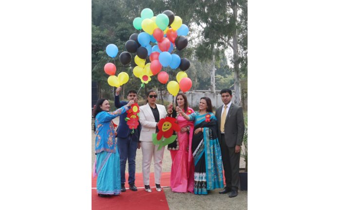 Dignitaries and MMI Management releasing balloons during the Mini Olympics opening in Jammu on Sunday. -Excelsior/Rakesh