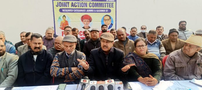 Members of JAC of Reserved Categories addressing joint press conference in Jammu. -Excelsior/Rakesh