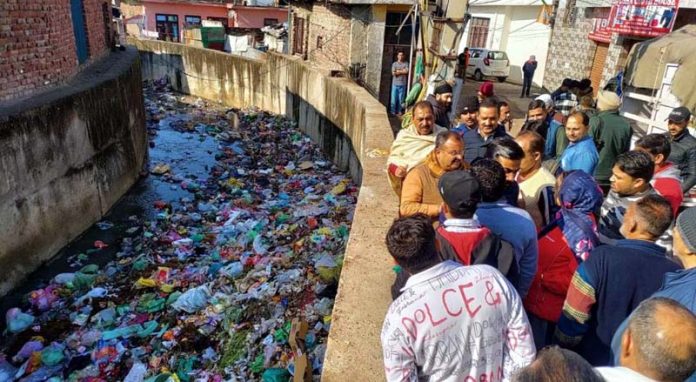 MLA Vikram Randhawa during visit to Rajiv Nagar in Jammu on Monday.