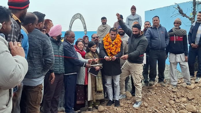 MLA Jasrota Rajiv Jasrotia laying foundation stone of development works in his constituency on Monday.