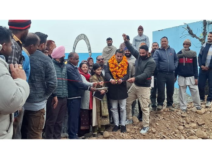 MLA Jasrota Rajiv Jasrotia laying foundation stone of development works in his constituency on Monday.