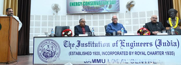 Dignitaries on dais during the celebration of Energy Conservation Day by Institution of Engineers (India), Jammu center on Saturday.