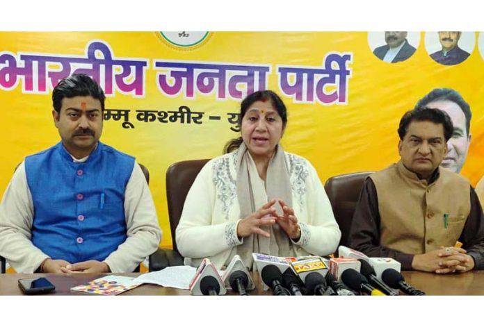 BJP leader, Purnima Sharma addressing a press conference at Jammu on Monday.