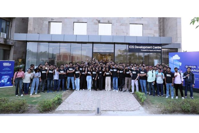 Students posing for a group photograph during an event hosted at Galgotias University on Monday.