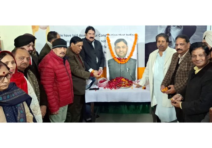 JKPCC leaders paying tribute to ex-MP and party stalwart, Madan Lal Sharma during a function at party office in Jammu on Monday.