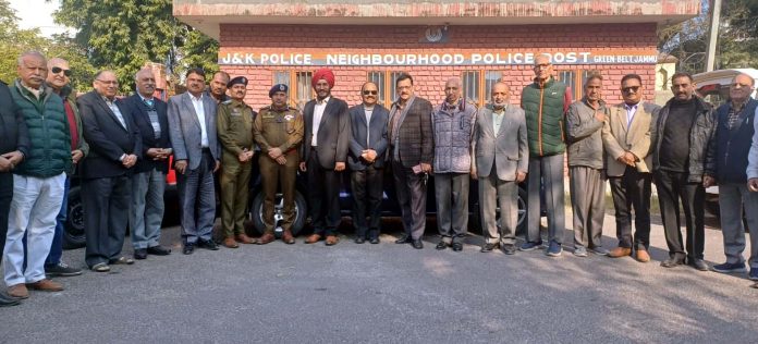 Retired Police officers posing during monthly meeting of Retirees Police League in Jammu.