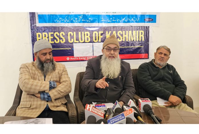 Members of J&K Government Category Welfare Forum during a press conference in Srinagar on Monday. -Excelsior/Shakeel