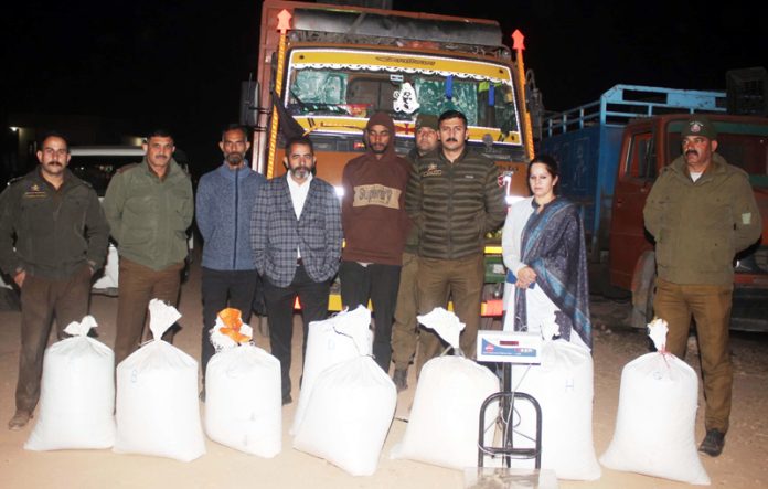 Eight bags of poppy straw seized by police at Udhampur on Monday.