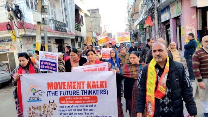 Members of Rajput Karni Sena and Movement Kalki during their rally taken out in Jammu on Sunday.