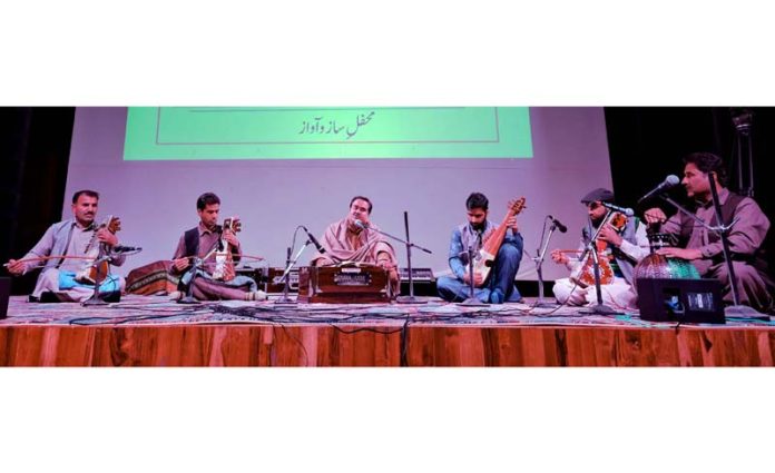 Artists performing at a folk concert in the Akashvani Srinagar auditorium on Thursday. -Excelsior/Shakeel