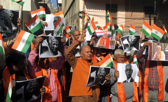 Shiv Sena activists raising slogans during a protest at Jammu on Monday.