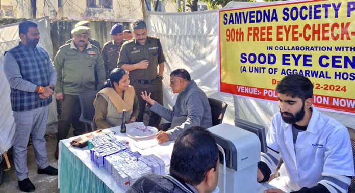 Doctors examining the patients during an eye check-up camp at Jammu on Thursday.